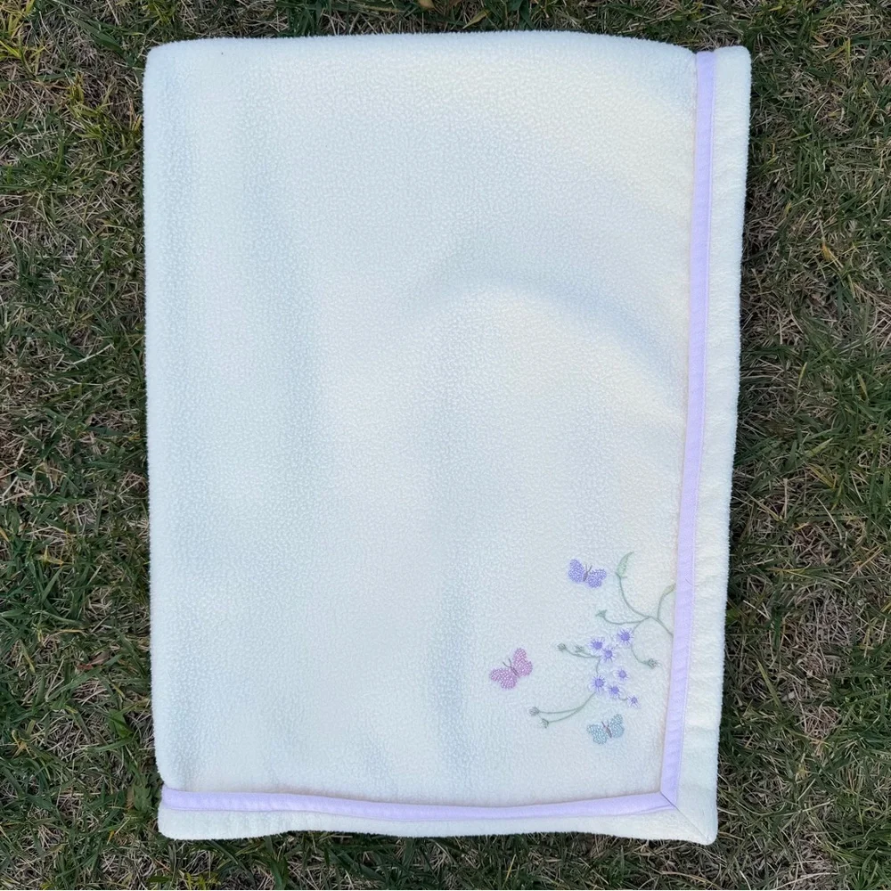 Y2K Fleece Baby Blanket Embroidered Butterflies Flowers Yellow Purple Pink 29x39